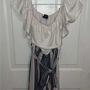 Off-Shoulder Ruffle Top with Striped Pants Set